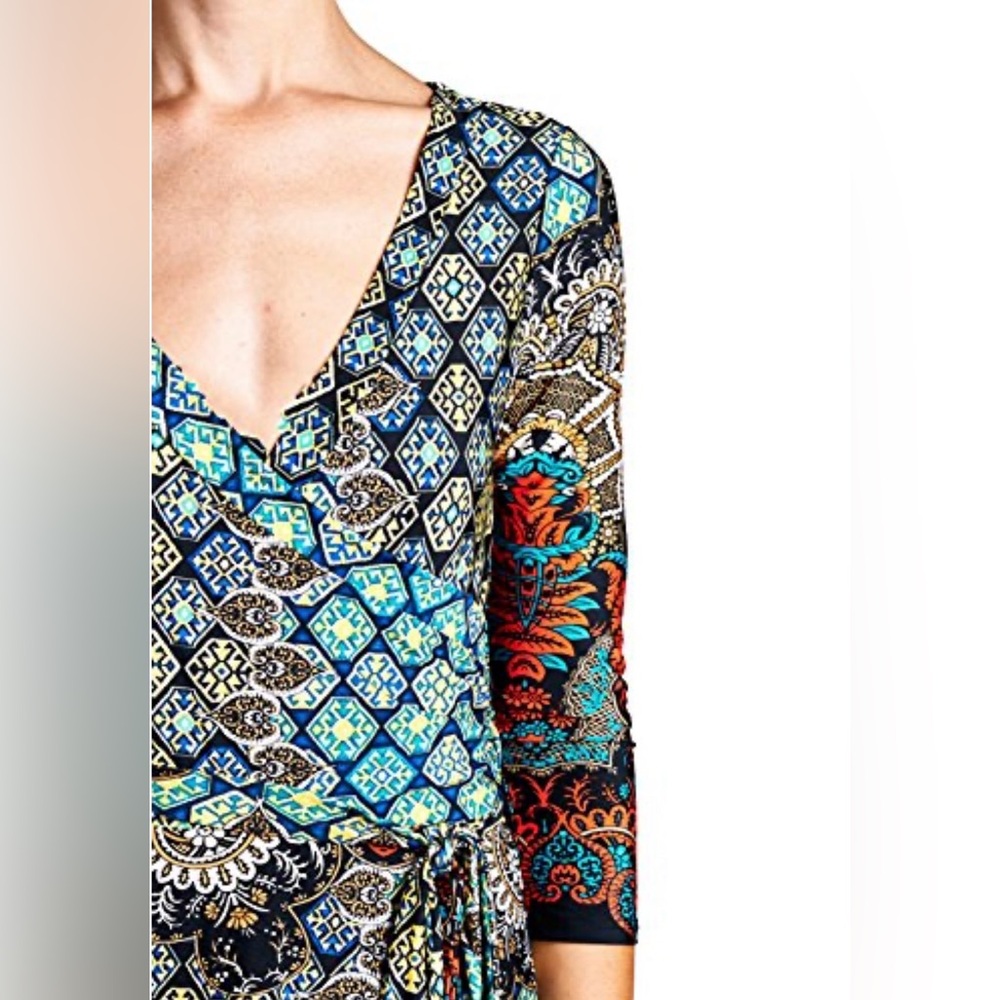 Moroccan Boho Faux Wrap Maxi Dress 🌿 | V-Neck | Belted | Statement Print - Picture 9 of 15